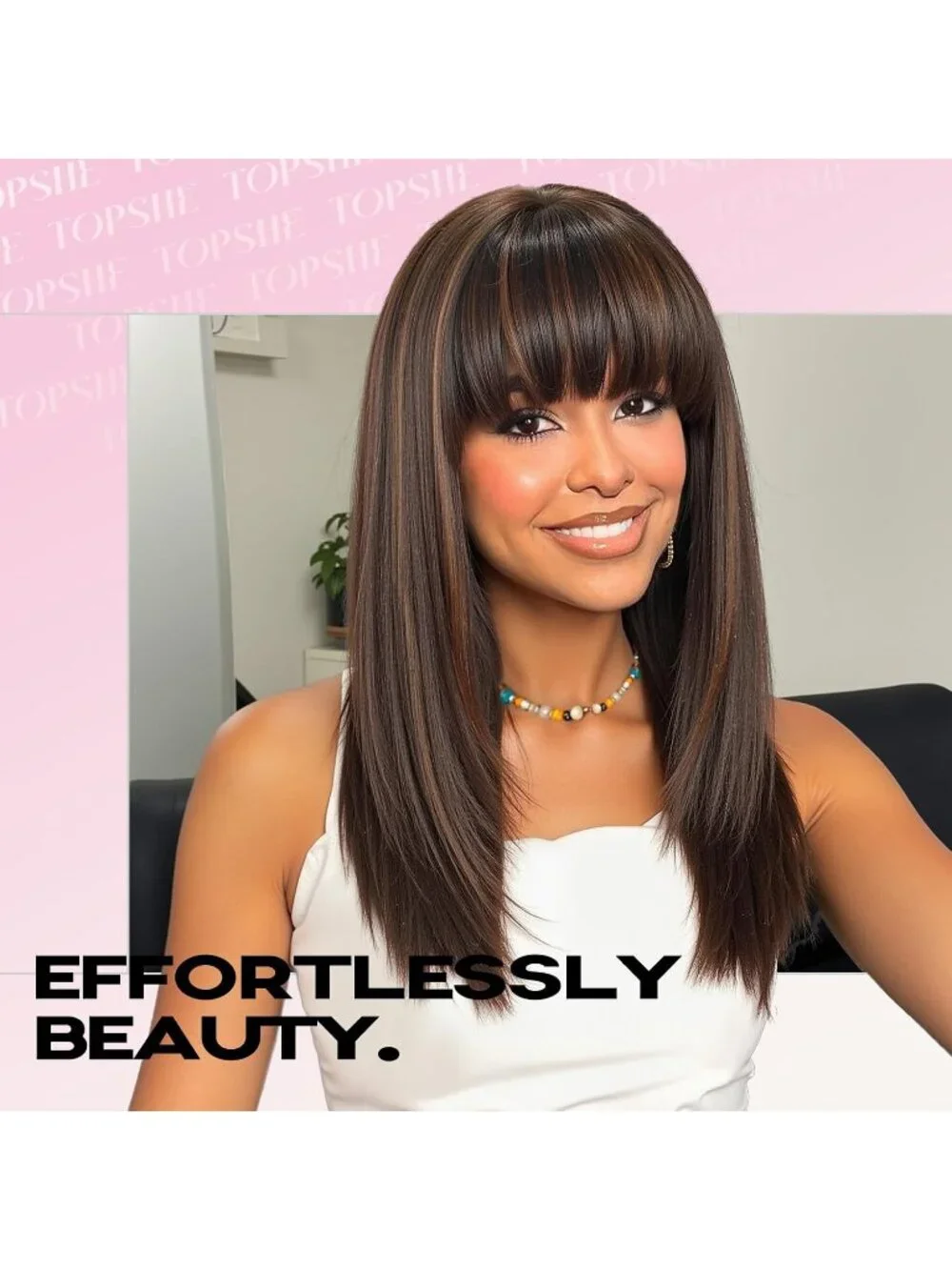 Women's 16 Inch Brown Gold Highlight Wig Bangs Layered Straight Shoulder Length